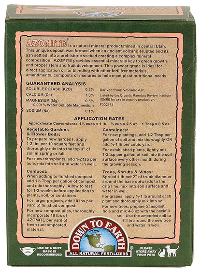 Down To Earth All Natural Fertilizers Organic Azomite Powder Trace Minerals - Essential Minerals for Improving Plant Growth 0-0-0.2, 1 lb