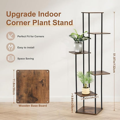 6 Tier Plant Stand Indoor Outdoor, Wood Metal Corner Shelf, Multiple Flower Pot Rack Holder Shelves, Planter Shelf Display Storage Organizer for Patio Living Room Balcony (Black)