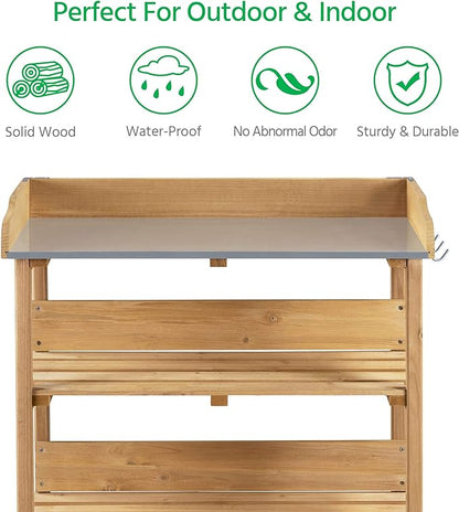 Topeakmart Potting Bench Table w/Metal Tabletop for Garden, Fir Wood Workstation w/3 Tier Shelves, Outdoor Work Bench w/Hook Natural Wood