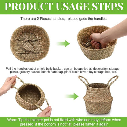 Qunclay 8 Pcs Woven Seagrass Baskets Belly Basket Folding Boho Natural Plant Pot with Handles Round Decorative Wicker Large Indoor Planter for Home Outdoor Tree Planters Decor (XXS,6.3''dx5.5''h)