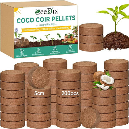 ZeeDix 200 Pcs (50mm) Compressed Coco Coir Fiber Potting Soil- Organic Coco Coir Pellet Fiber Soil for Planting Bonsai, Herbs, Plants, Flowers and Vegetables