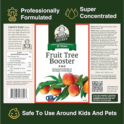 Farmer's Secret Fruit Tree Booster Fertilizer (128oz) - Super Concentrated and Phosphorus Rich - Formulated for All Fruit Trees Including Peach, Banana, and Apple