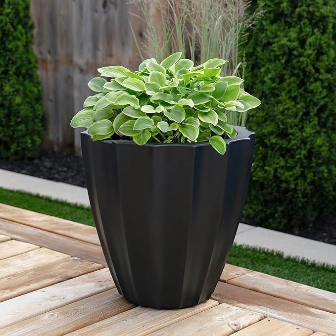 Mayne Inc. Sedona 18in Round Planter - Black - L x W x H - With Built-in Water Reservoir, Made With Polyethylene (2830-B)