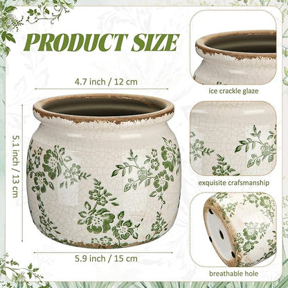 Vintage Planter Large Ceramic Plants Pot Green Beige Vintage Ditsy Ice Crack Cottage Scroll Vase Flower Vase Pot Indoor Plants Home Kitchen Decor Farmhouse Antique Decorative Gifts