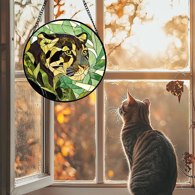 Stained Glass Window Hanging 4 Pcs Set Green Plants Animals Theme Large 11.8" - Bird Tiger Suncatcher Door Garden Sun Catcher Decor Birthday for Mom Woman Nana Men Friend