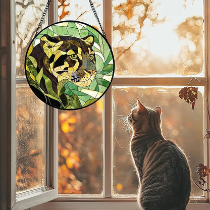 Stained Glass Window Hanging 4 Pcs Set Green Plants Animals Theme Large 11.8" - Bird Tiger Suncatcher Door Garden Sun Catcher Decor Birthday for Mom Woman Nana Men Friend