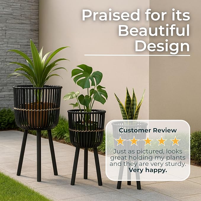Decorative Bamboo Footed Planters for Home Decor - Garden Plant Pots for Indoor Living Room Decor or Outdoor Patio Areas - Flower Pots for Entryway and Backyard - Set of 3, 27", 23", 19", Black