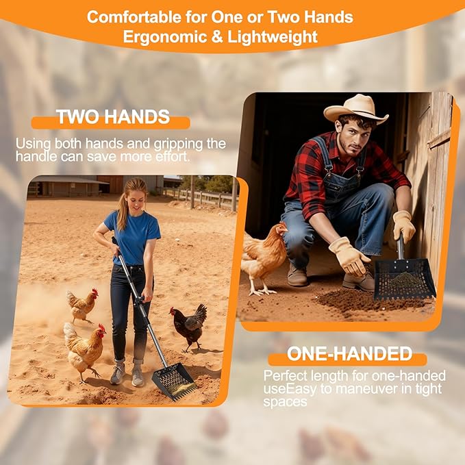 Chicken Poop Scooper and Rake – 2-in-1 Heavy Duty Metal Litter Sifter with Serrated Head & Long Mesh, Adjustable Handle for Effortless Coop Cleaning in Sand, Ideal for Chicken and Duck