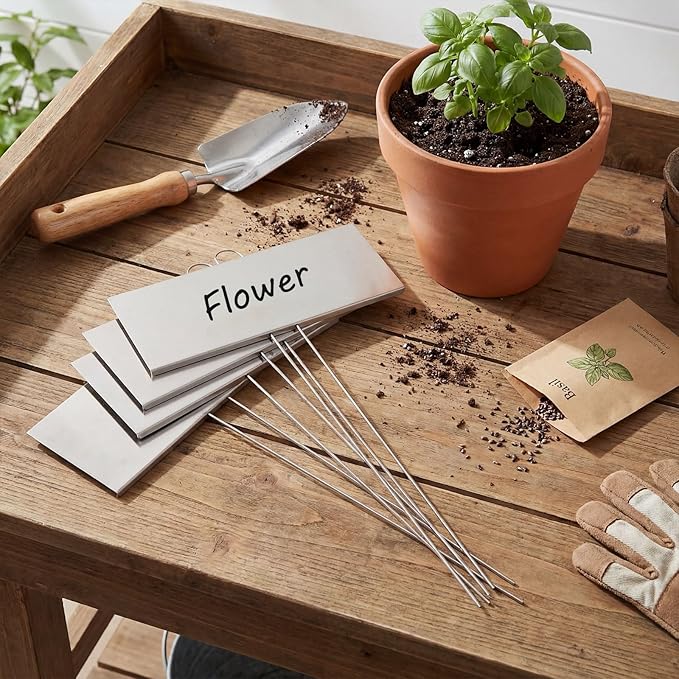 Landhoow 12 Pcs Large Garden Plant Markers Metal Plant Labels Sign 10'' x 4'' with 16.5'' Stake Weatherproof Waterproof Garden Sign for Outdoor Seedlings Herbs Vegetable Greenhouse, Silver
