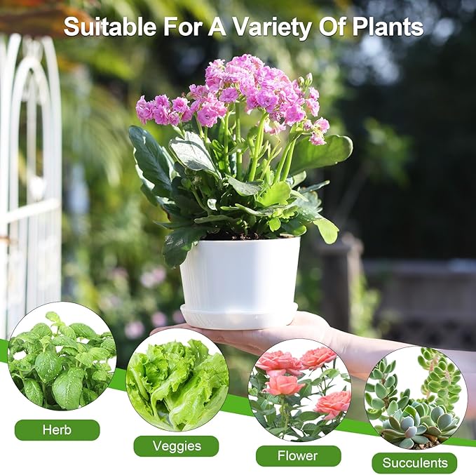 4.7 Inch Plastic Plant Pots, Round Classic Planters with Drainage Holes and Saucers for Indoor Outdoor Plants, Perfect for African Violet, Snake Plant, Succulents (White 8 Pack)