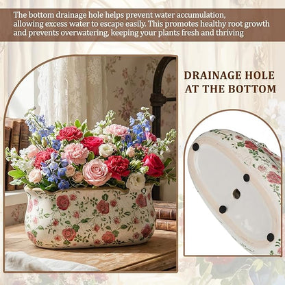 8.6" Large Vintage Ceramic Planter Ice Cracked Farmhouse Rectangle Pots with Drainage Hole Pots for Indoor Outdoor Plants Home Kitchen Windowsill Office Shelf Rustic Decor Gift(Rose)