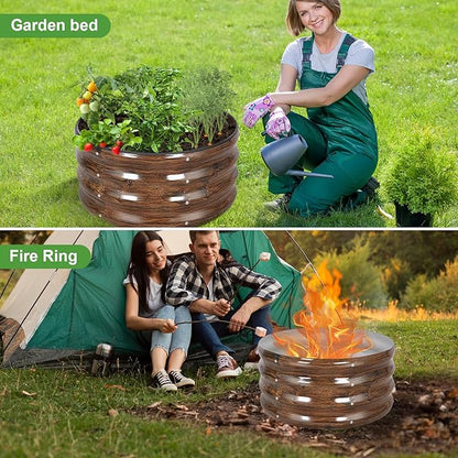 Galvanized Raised Garden Bed- 2Pcs Metal Planter Boxes Outdoor | 12" Tall 24" Round Steel Raised Bed Kit & Fire Pit Ring for Gardening with Protective Tape for Vegetables (Wood Grain)