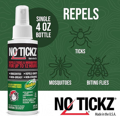 No Tickz Tick Repellent with 20% Picaridin, 12-Hour Protection from Ticks & Mosquitoes, Non-Greasy Formula, Made in the USA, Unscented, 4 Ounce Spray Bottle