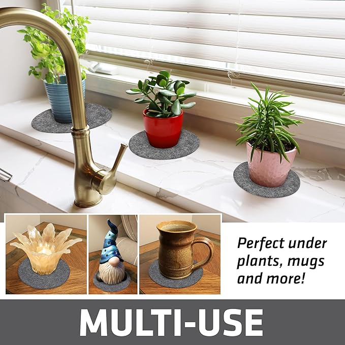 Drymate 12-Pack Plant Coasters (6 Inch, 8 Inch, 10 Inch), (4 of Each), Absorbent Fabric Mats, Waterproof, Protects Surfaces, Fast Drying, for Indoor & Outdoor Plants or Pots (USA Made) (Light Grey)