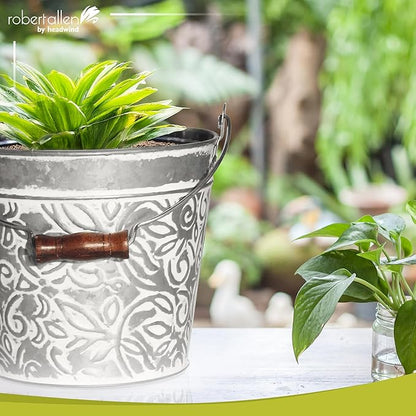 Headwind Vintage Collection - Floral Galvanized Planter with Handles – 12 Inch Flower Pots Decorative Plant Indoor – Plant Pots Indoor with Drainage by Robert Allen