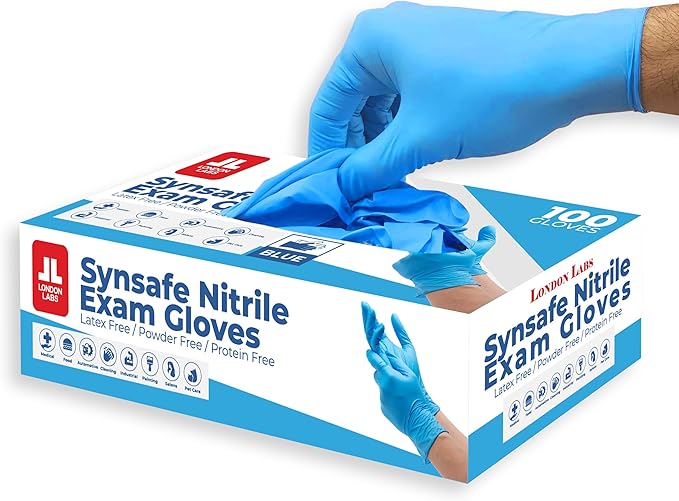 Synsafe 4 Mil - Blue Nitrile Exam Gloves –Disposable Latex Free & Powder Free – Extra Strong, Rubber Gloves