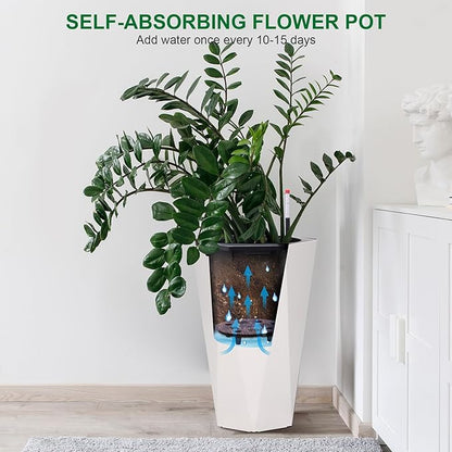GarveeLife 22.5 in Tall Diamond Planters Set of 2, Self Watering Planters with Water Level Monitor, Flower Pots Outdoor and Indoor for Patio, Porch, Living Room, Home Office, White
