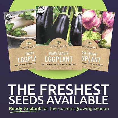 Organic Eggplant Seeds Variety Pack - 3 Individual Packs - 2026 Season - Black Beauty, Rosa Bianca and Snowy Eggplant! for Indoor & Outdoor Planting (Non-GMO, Certified Organic)