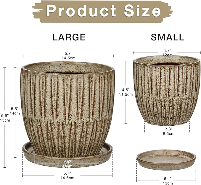 Oairse Ceramic Pots for Indoor Plants, 4.7 +5.7 inch Pots for Plants Set of 2 Brown Plant Pots with Drainage Holes and Saucers Texture Ceramic Planters Indoor Outdoor Flower Pot for Succulent
