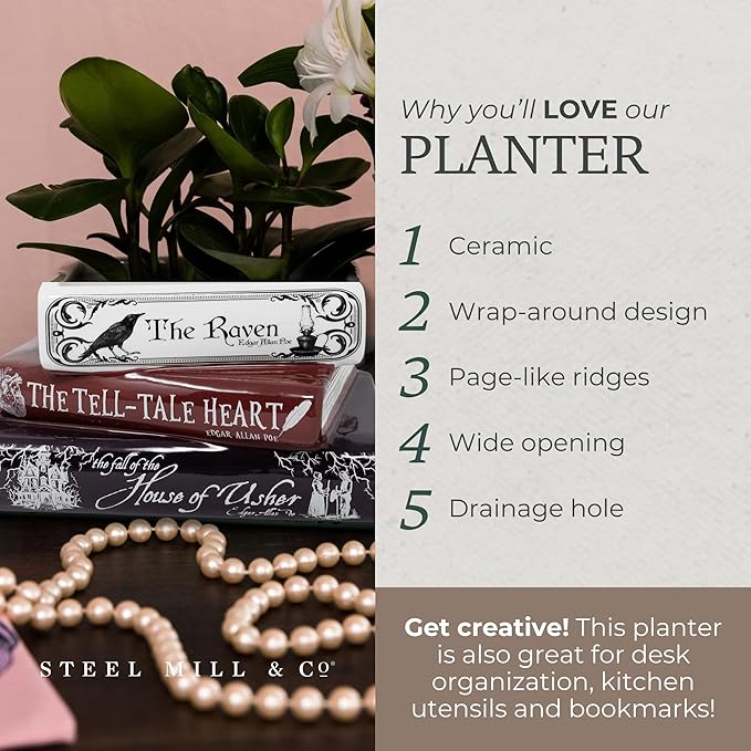 Steel Mill & Co Original Small Book-Shaped Decorative Planter, Ceramic Planter for Home Decor, Gothic Bookshelf Decor, Unique Planter for Book Lover (Edgar Allan Poe)