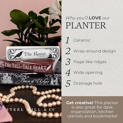 Steel Mill & Co Original Small Book-Shaped Decorative Planter, Ceramic Planter for Home Decor, Gothic Bookshelf Decor, Unique Planter for Book Lover (Edgar Allan Poe)