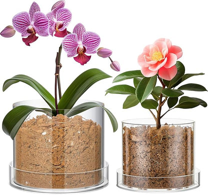 2 Pcs 6 Inch 8 Inch Clear Plant Pots Acrylic Nursery Orchid Pots with Drainage Holes and Tray Transparent Planter for Indoor Plants, Succulents, Herb, Flowers, and Cactus Decorative