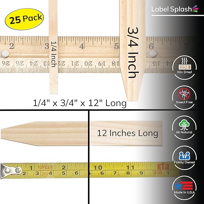 25 Pack 12" Wood Stakes for Garden Marking Survey Grading Paint Stirring Stick Model Building Shim Landscaping Plant Support and Crafts 12 Inch Made in The USA by LABELSPLASH