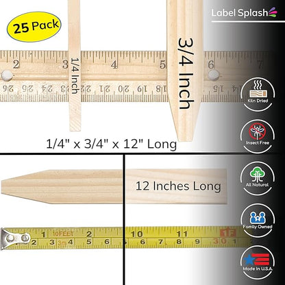 25 Pack 12" Wood Stakes for Garden Marking Survey Grading Paint Stirring Stick Model Building Shim Landscaping Plant Support and Crafts 12 Inch Made in The USA by LABELSPLASH