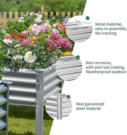 Land Guard Galvanized Raised Garden Bed with Legs, 96×24×32in Raised Garden Beds Outdoor with Drainage Holes, Planter Boxes Outdoor for Backyard, Patio, Balcony, 1200lb Capacity, Silver