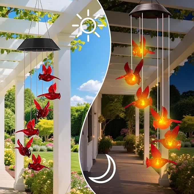 Cardinal Solar Wind Chimes for Outside,Cardinal Gifts for Women Mom Mother,Solar Red Bird Memorial Wind Chimes,Solar Powered Wind Chime Waterproof,Red Bird Decor for Garden Patio Outdoor Porch