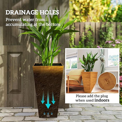 Outsunny Tall Planter for Outdoor Plants Set of 3, 28 Inch Taper Planter with Drainage Holes, Wood Grain Decor Garden Pot for Indoor Outdoor Porch Patio Backyard, Light Brown