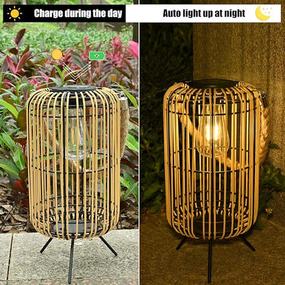 Livinlarge Solar Lantern Outdoor Waterproof,Large Rattan Lantern Outdoor Hanging with Handle,Bright Solar Lights with Edison Bulb for Garden Patio Yard Tabletop Decoration
