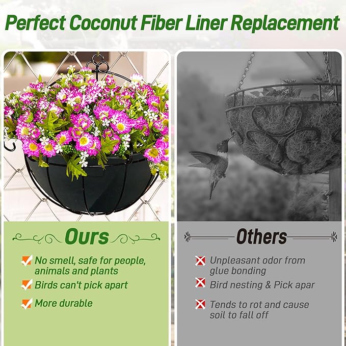 8 Pack 14 Inch Fabric Planter Basket Liner- Felt Flower Pot Liners Replacement Coco Fiber Liner for Hanging Basket Flowers Round Hanging Basket Liners Prevent Birds from Nesting