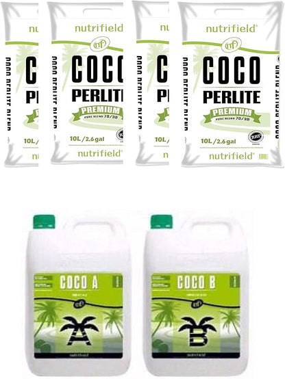 Nutrifield 4 Bags Coco Coir Perlite 70/30 Plus Coco Part A 5 Liter and Coco Part B 5 Liter Bundle Deal