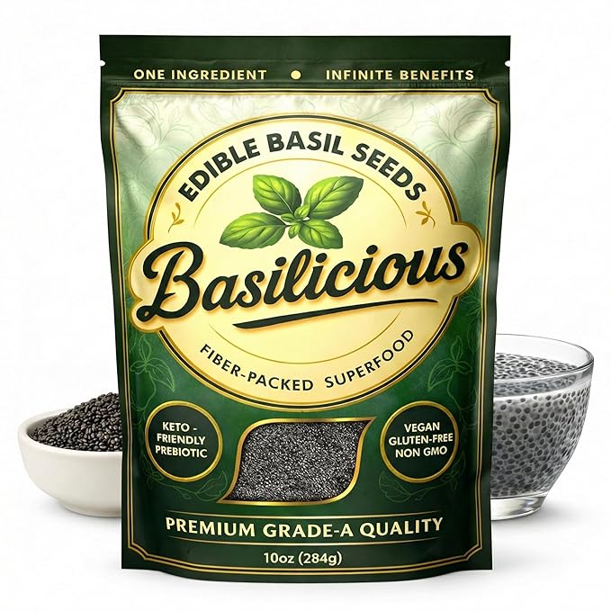 Basilicious Edible Basil Seeds (Sabja, Tukmaria) – High-Fiber Superfood for Hydration & Digestion – Vegan, Gluten-Free, Non-GMO – 10oz Resealable Bag