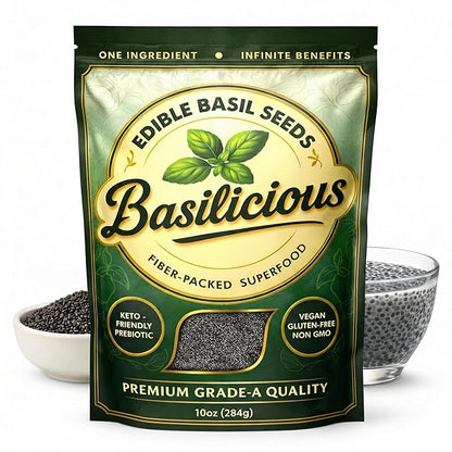 Basilicious Edible Basil Seeds (Sabja, Tukmaria) – High-Fiber Superfood for Hydration & Digestion – Vegan, Gluten-Free, Non-GMO – 10oz Resealable Bag