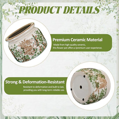 7.7" Large Ceramic Plant Pot Pink Green Vintage Hibiscus Crackle Glaze Rustic Flowers Pot Decorative Planter with Drainage for Indoor Outdoor Plants Home Kitchen Office Decor Gift