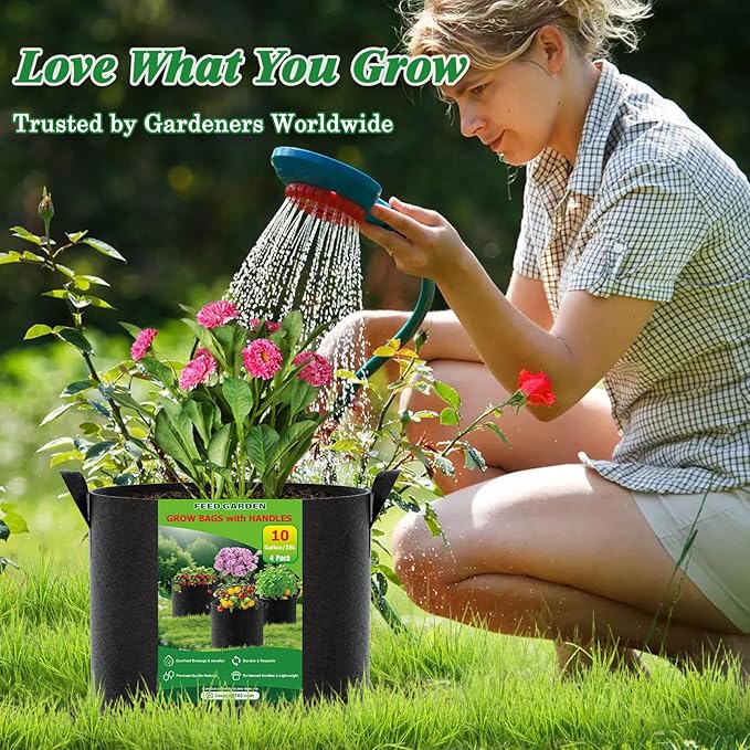 FEED GARDEN 5 Gallon Grow Bags 4 Pack – 300G Thickened Fabric Plant Pots with Reinforced Handles, Breathable Drainage Planters for Vegetables, Flowers & Herbs Indoor Outdoor