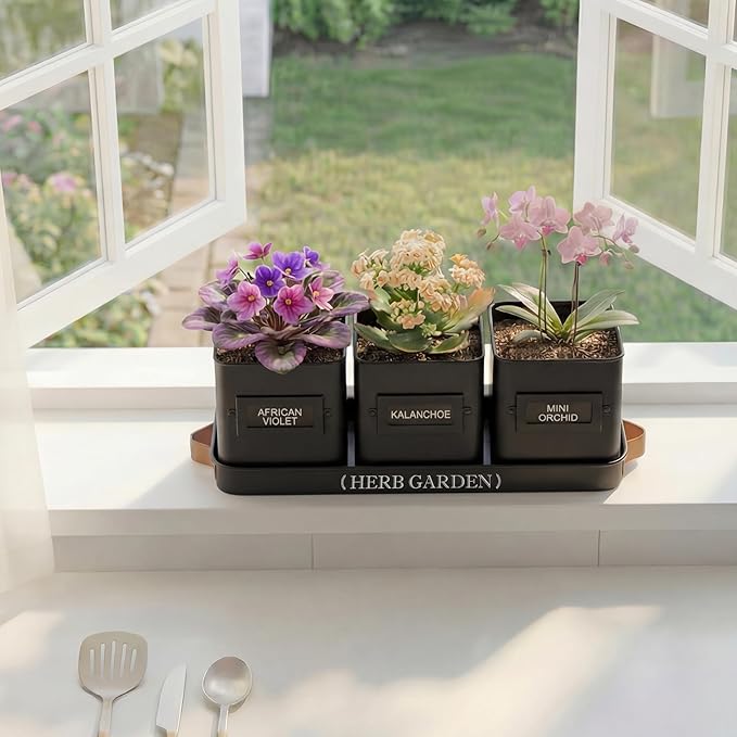 PERFNIQUE Indoor Herb Garden, Herb Planter Set with Tray, Farmhouse Indoor Plant Pots, Windowsill Herb Garden with Drainage(Planter only) for Indoor/Outdoor, Window Pots(Matte Black)