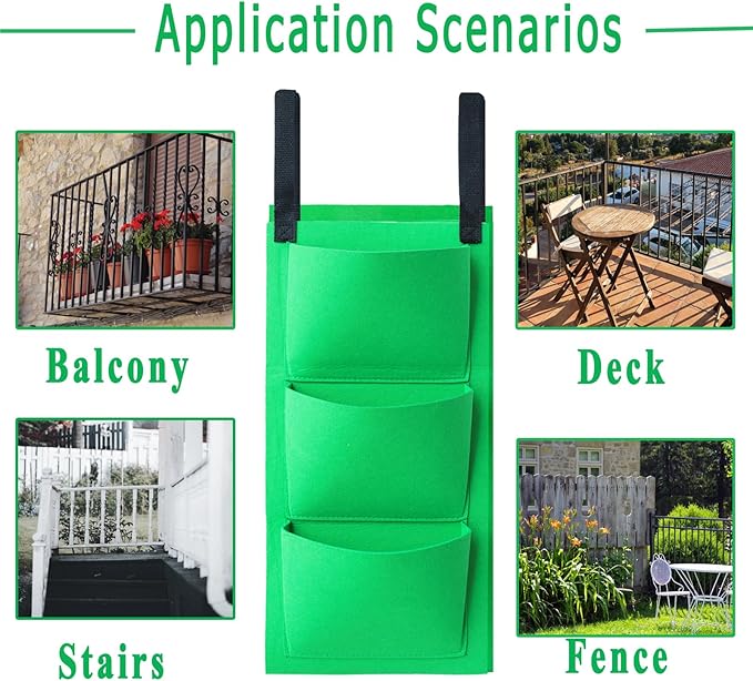 Miewslan Vertical Railing Planter, 6 Pocket Hanging Fabric Planter Bag Outdoor Fence Plant Pots, Wall Hanging Planting Grow Bags Flower Pouch for Garden Fence Balcony (Green)