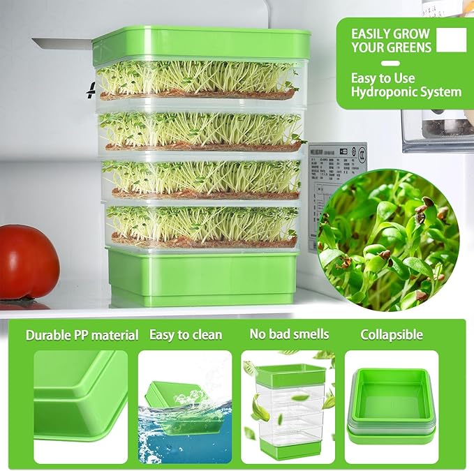 4-Tier Seed Sprouting Kit with Drain Holes and Drain Tray, Upgrade Stackable Microgreens Fresh Organic Bean Seed Sprouter Tray Ripple Soil-Free Sprouter Tray for Beans Alfalfa Seeds