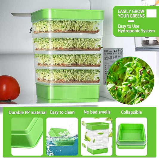4-Tier Seed Sprouting Kit with Drain Holes and Drain Tray, Upgrade Stackable Microgreens Fresh Organic Bean Seed Sprouter Tray Ripple Soil-Free Sprouter Tray for Beans Alfalfa Seeds