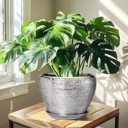 Flower Pot - 10 Inch Planter with Drainage Hole and Saucer - Indoor/Outdoor Decorative Mid-Century Planter - Silver