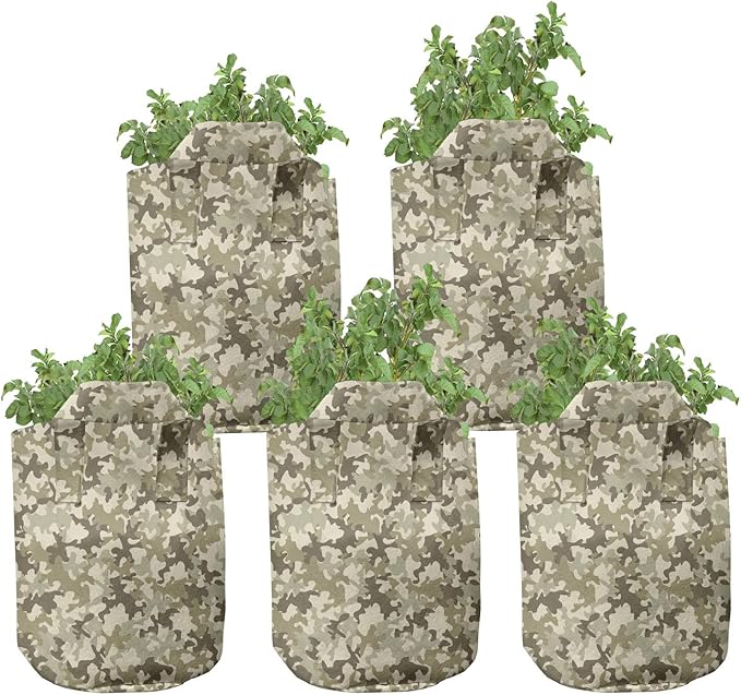 Ambesonne Camouflage Grow Bags 5-Pack, Pale Clothing Motif, Heavyduty Fabric Pots with Handles for Plants, Yellow Green