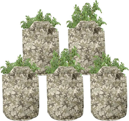 Ambesonne Camouflage Grow Bags 5-Pack, Faded Colors Classic, Heavyduty Fabric Pots with Handles for Plants, Khaki Green