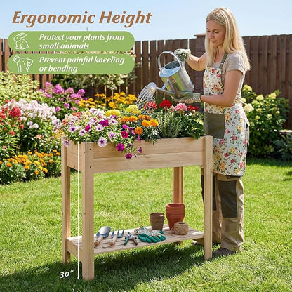 HAPPYGRILL Wooden Raised Garden Bed with Legs, Elevated Planter Box w/Storage Shelf, Drainage, Liner, Outdoor Solid Wood Gardening Box for Vegetables Herbs Flower, Backyard Patio Balcony Indoor