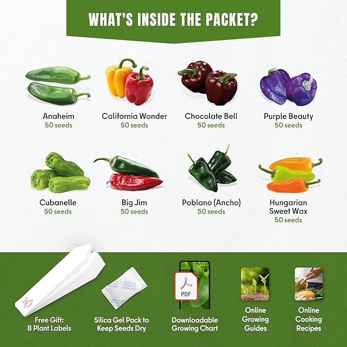 Sweet and Mild Bell Pepper Seeds – 8 Varieties, 400+ Non-GMO Heirloom Seeds for Indoor & Outdoor Growing, California Wonder, Cubanelle, Purple Beauty & Poblano