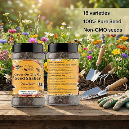 Mini Wildflower Seed Shaker - Save The Bees Seed Mix, by GevaGrow | 80,000+ Seeds | Pollinator & Bee Attracting Flower Seeds Bulk for Planting in Pots & Outdoor Gardens | 2 Ounce
