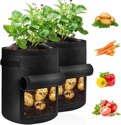 JJGoo 2 Pack Potato Grow Bags 10 Gallon with Flap, Heavy Duty Fabric Grow Bags with Handle and Harvest Window, Non-Woven Planter Pot Plant Garden Bags to Grow Vegetables Potato Tomato, Black