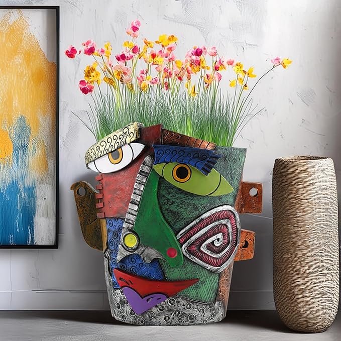 Picasso-Inspired Abstract Face Flower Pot | Unique Head Planter with Drainage Hole | Vibrant Colors & Quirky Art Decor (Frowning Expression)